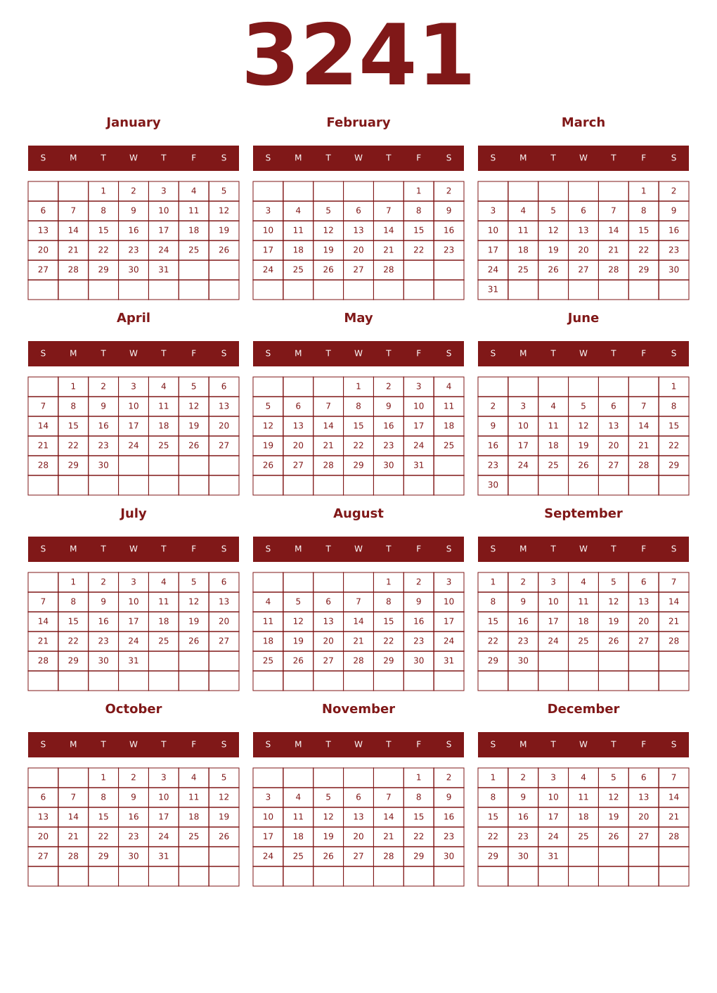 Printable 3241 Year Calendars falu