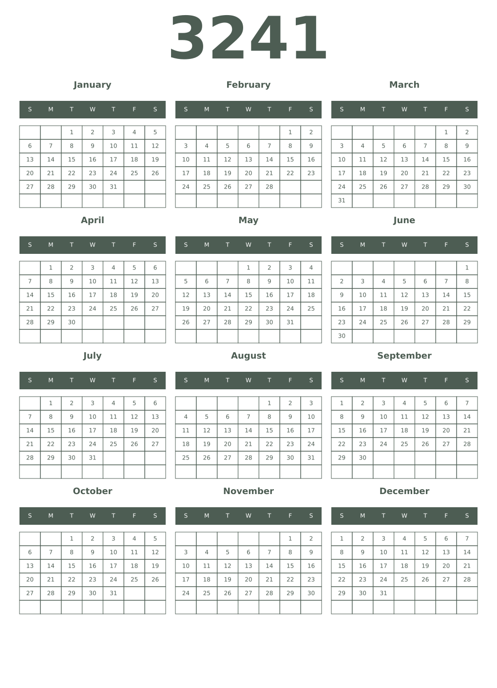 Printable 3241 Year Calendars feldgrau