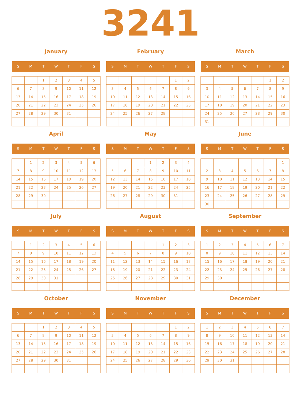 Printable 3241 Year Calendars orange