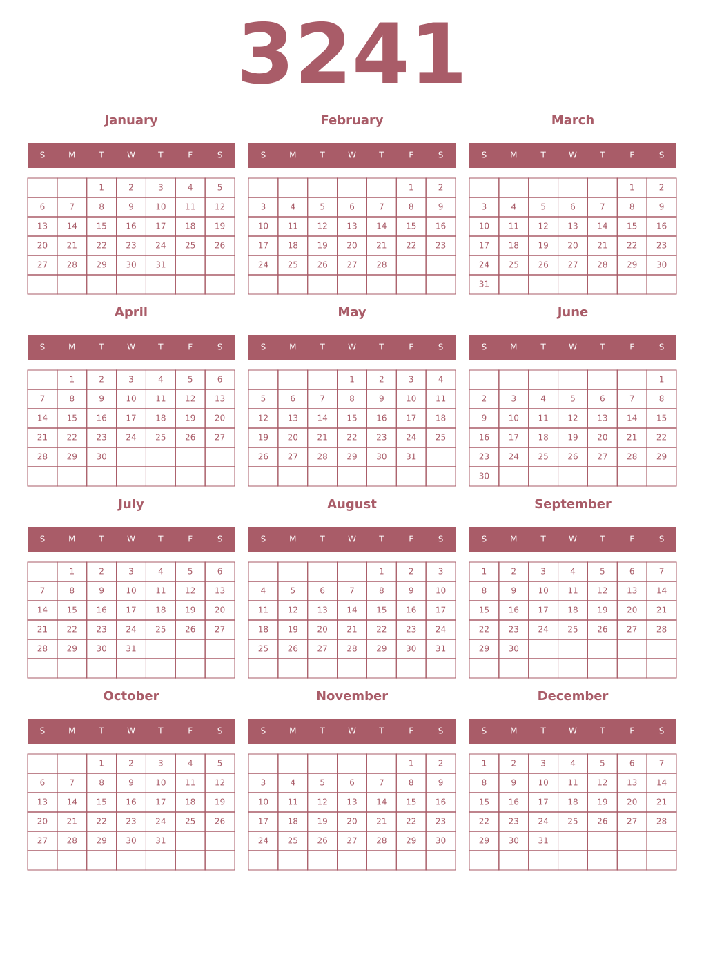 Printable 3241 Year Calendars puce