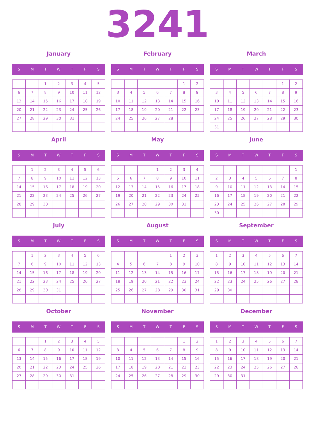 Printable 3241 Year Calendars purple
