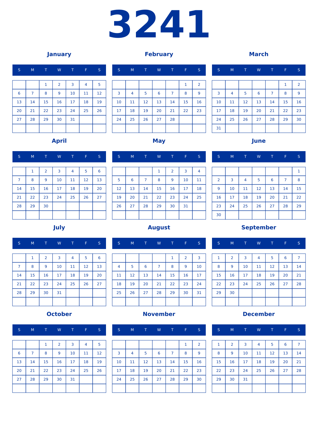 Printable 3241 Year Calendars smalt
