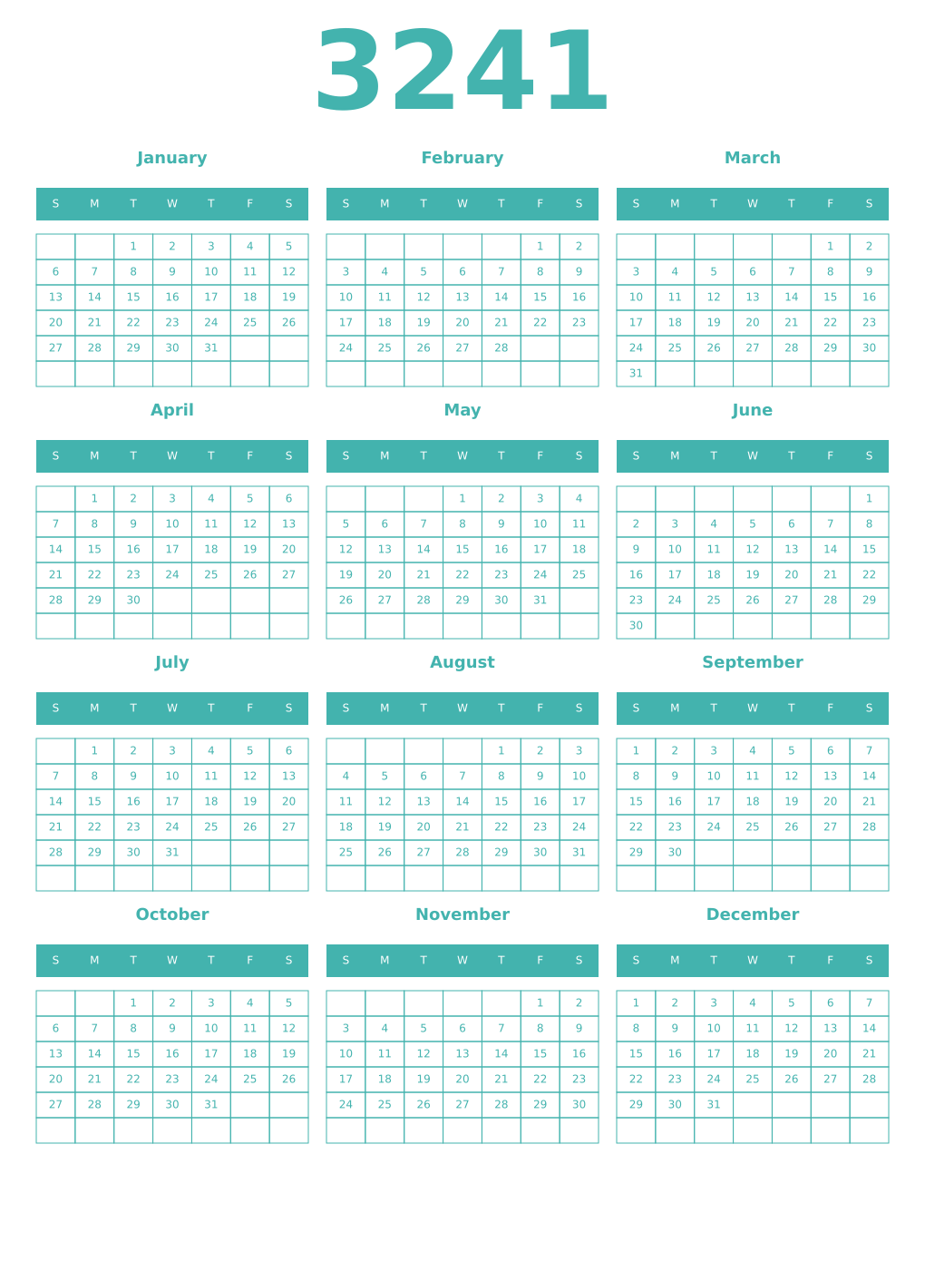 Printable 3241 Year Calendars verdigris