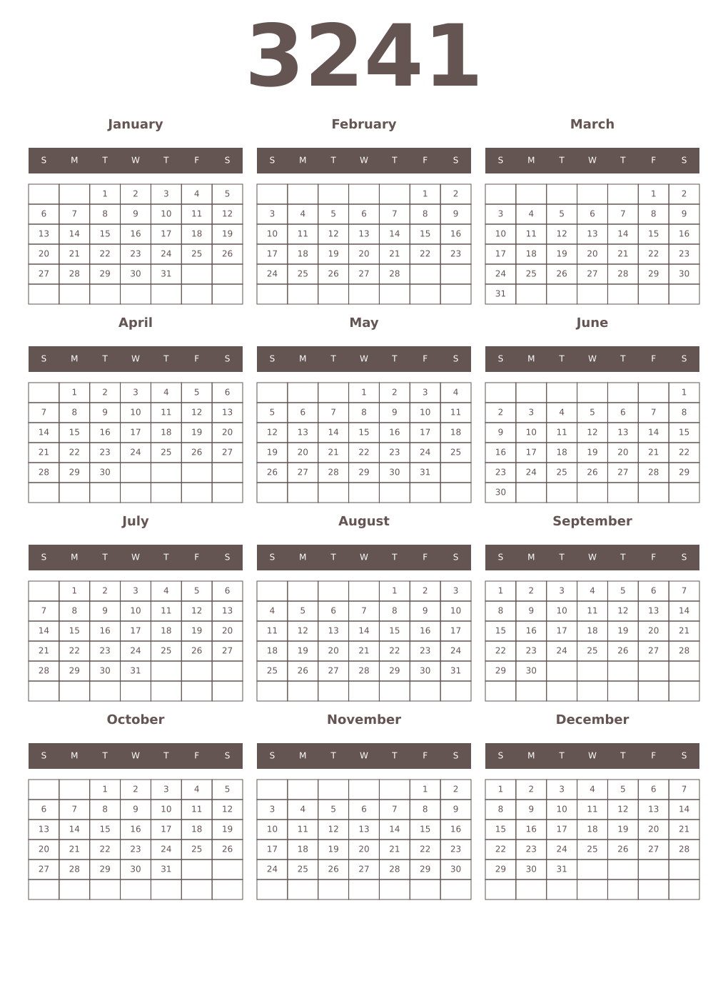 Printable 3241 Year Calendars wenge