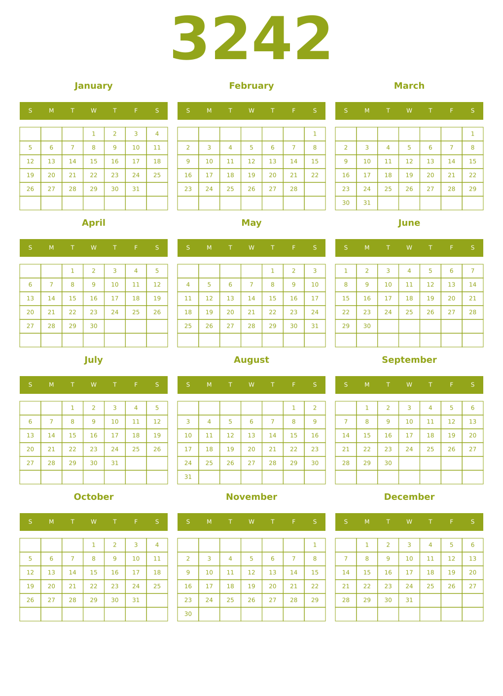 Printable 3242 Year Calendars chartreuse