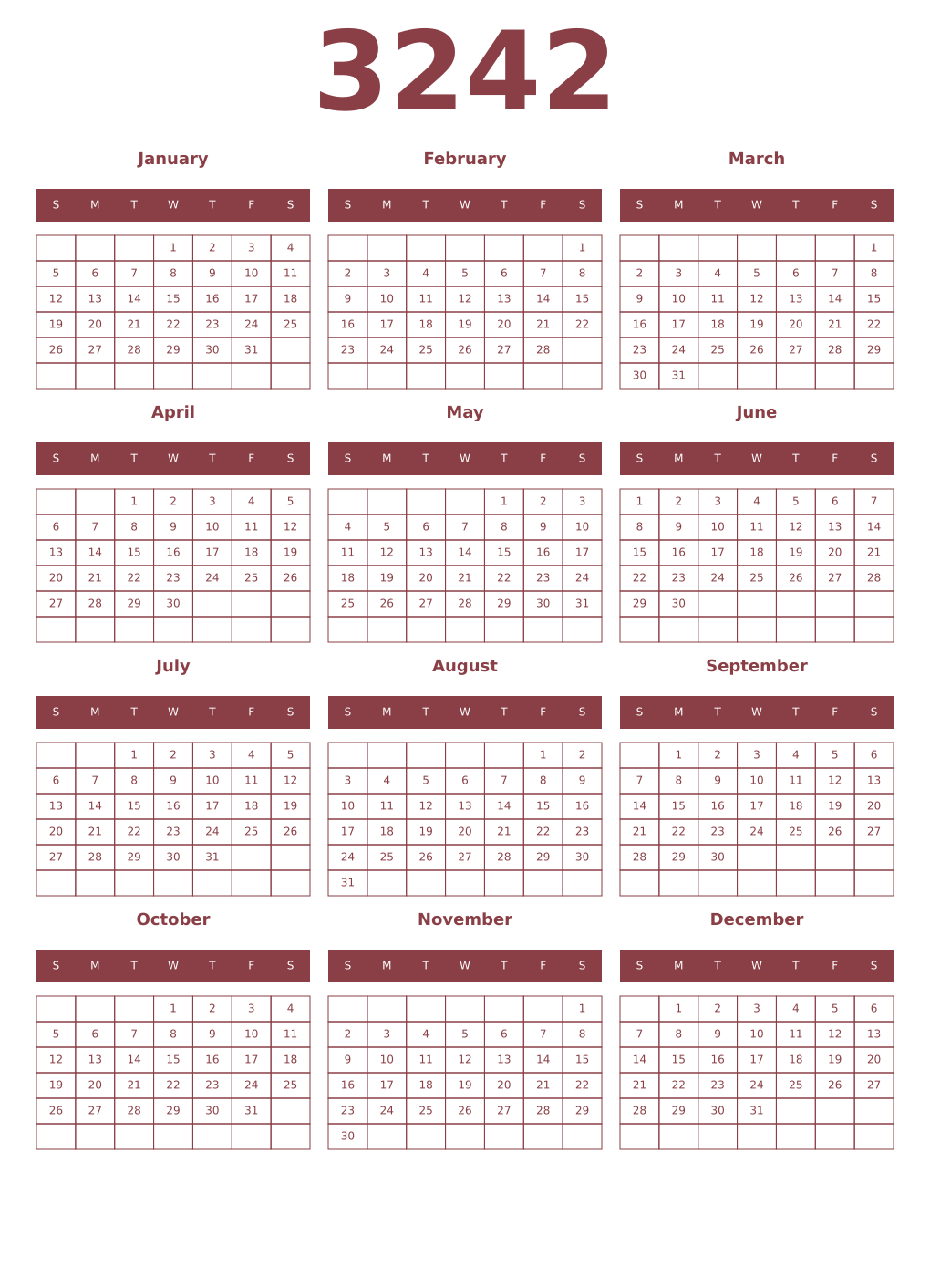 Printable 3242 Year Calendars cordovan