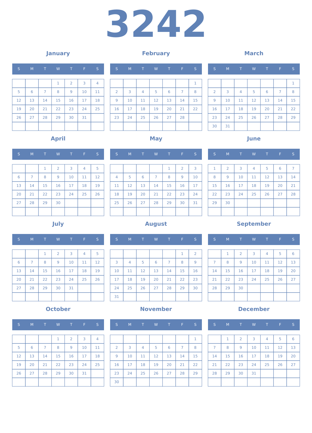 Printable 3242 Year Calendars glaucous
