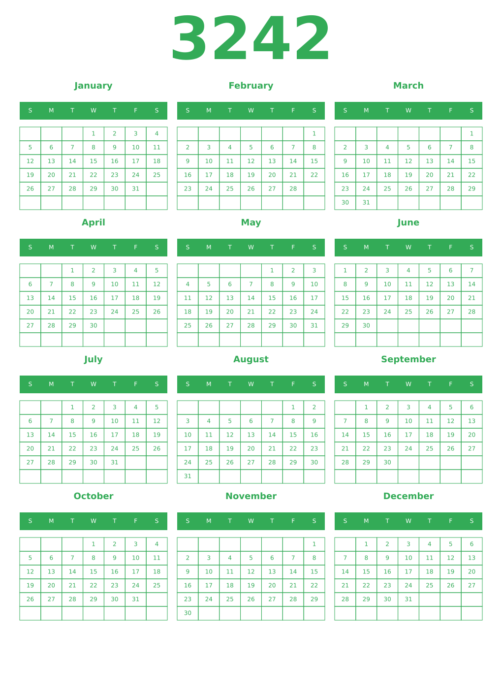 Printable 3242 Year Calendars green