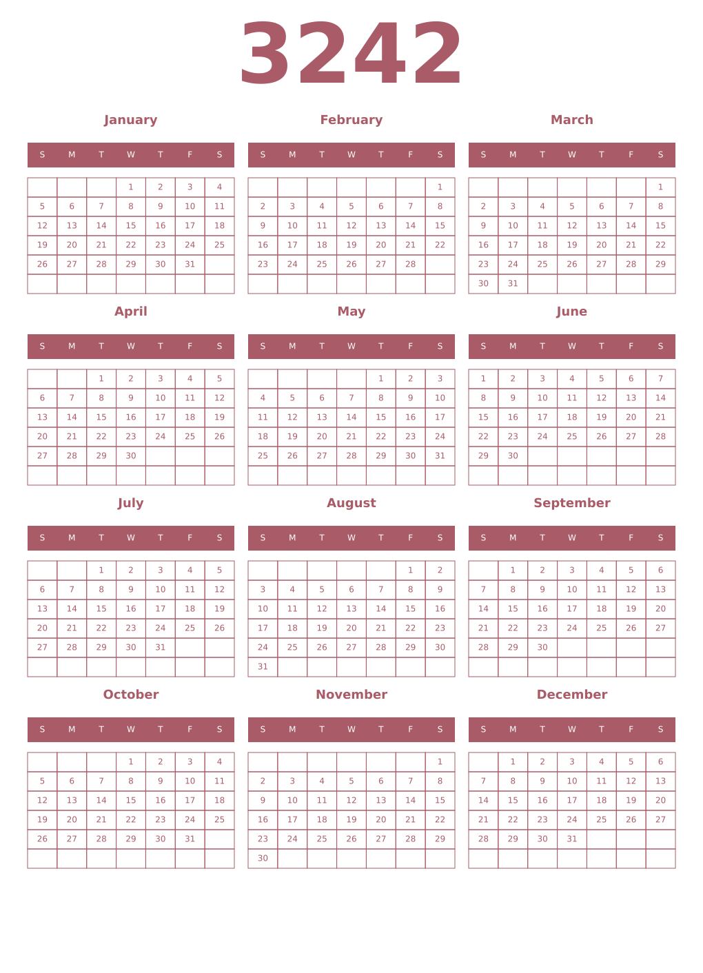 Printable 3242 Year Calendars puce
