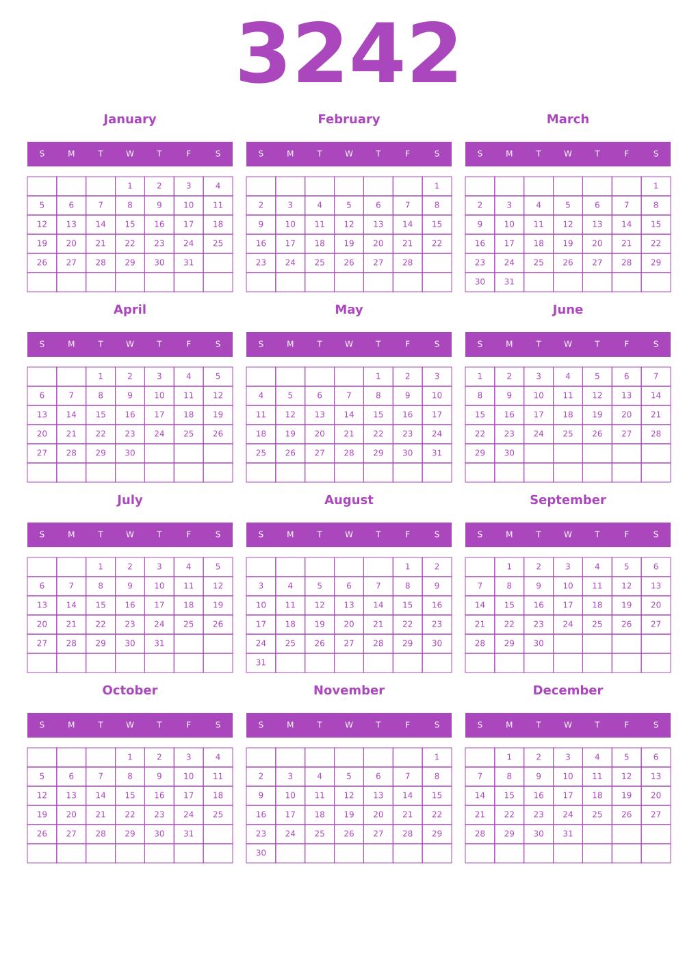 Printable 3242 Year Calendars purple