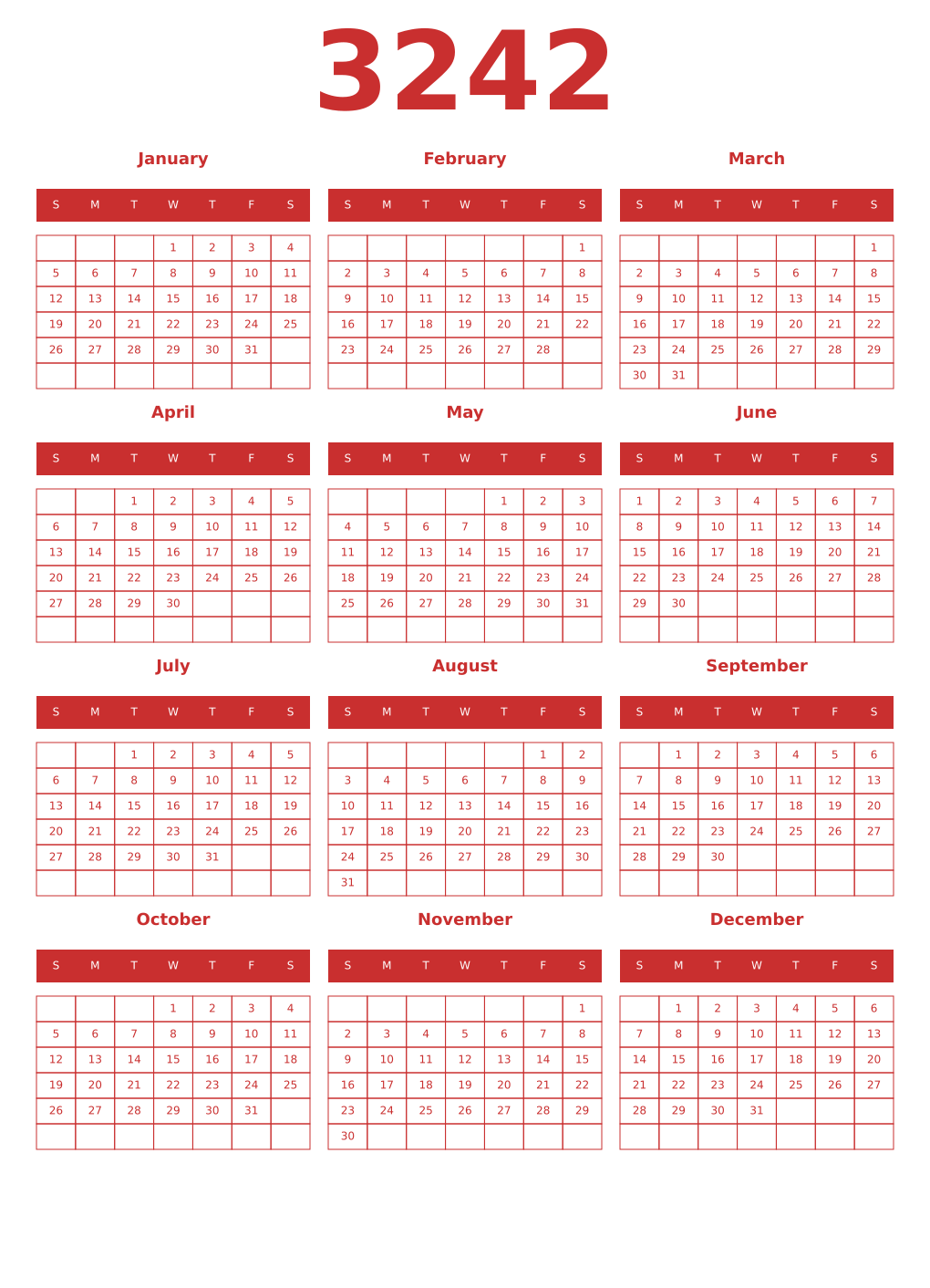 Printable 3242 Year Calendars red