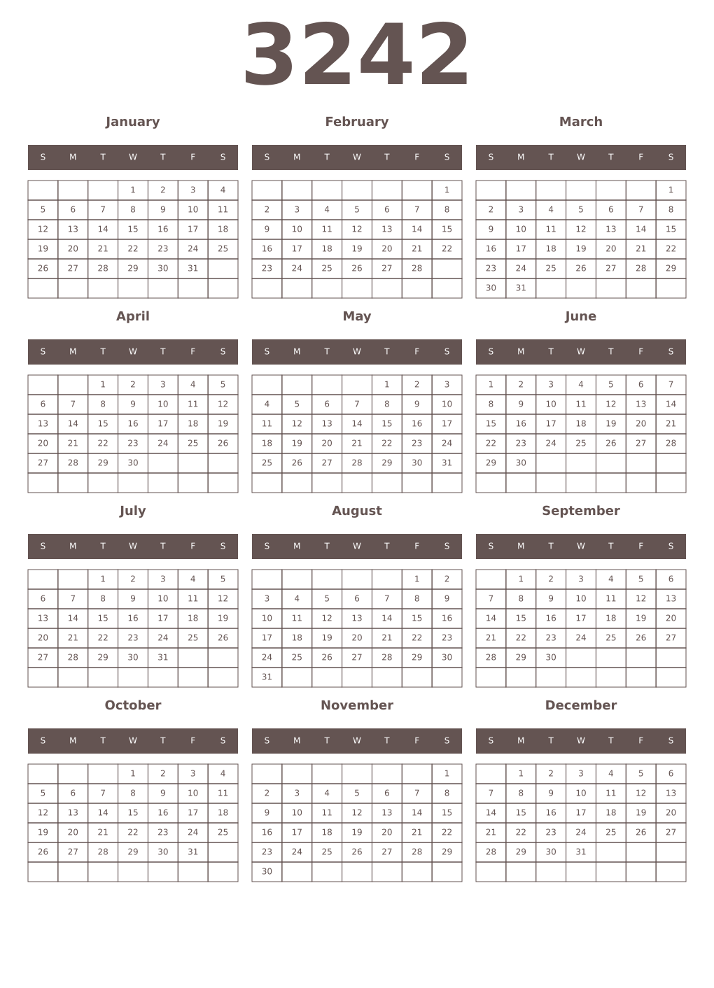 Printable 3242 Year Calendars wenge