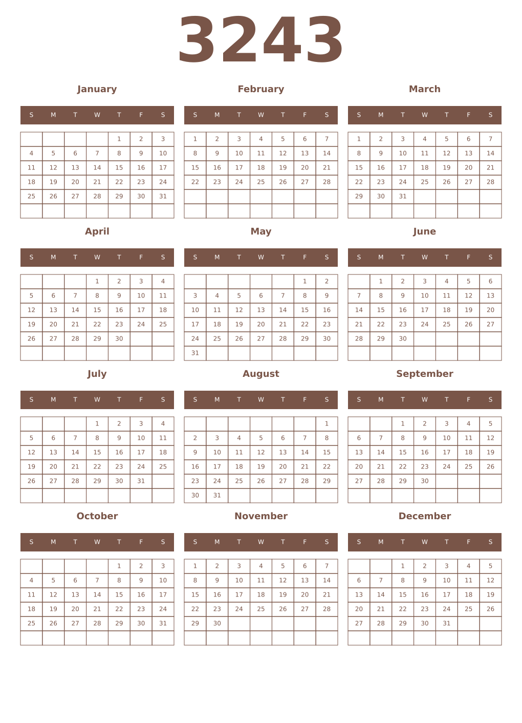 Printable 3243 Year Calendars coffe