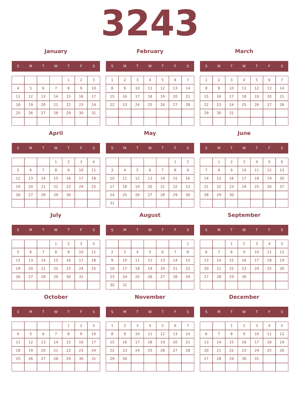 Printable 3243 Year Calendars cordovan