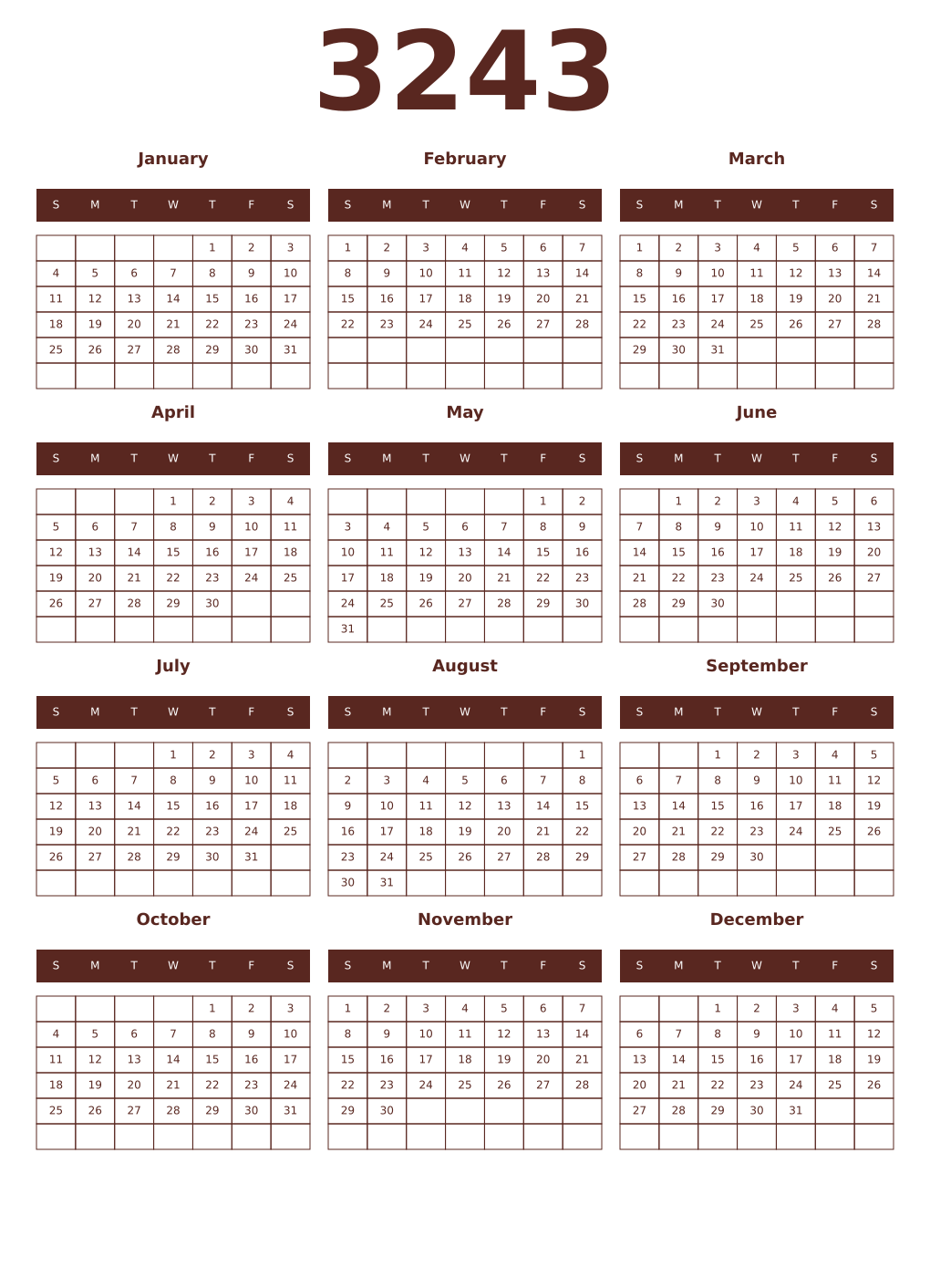 Printable 3243 Year Calendars mortuum