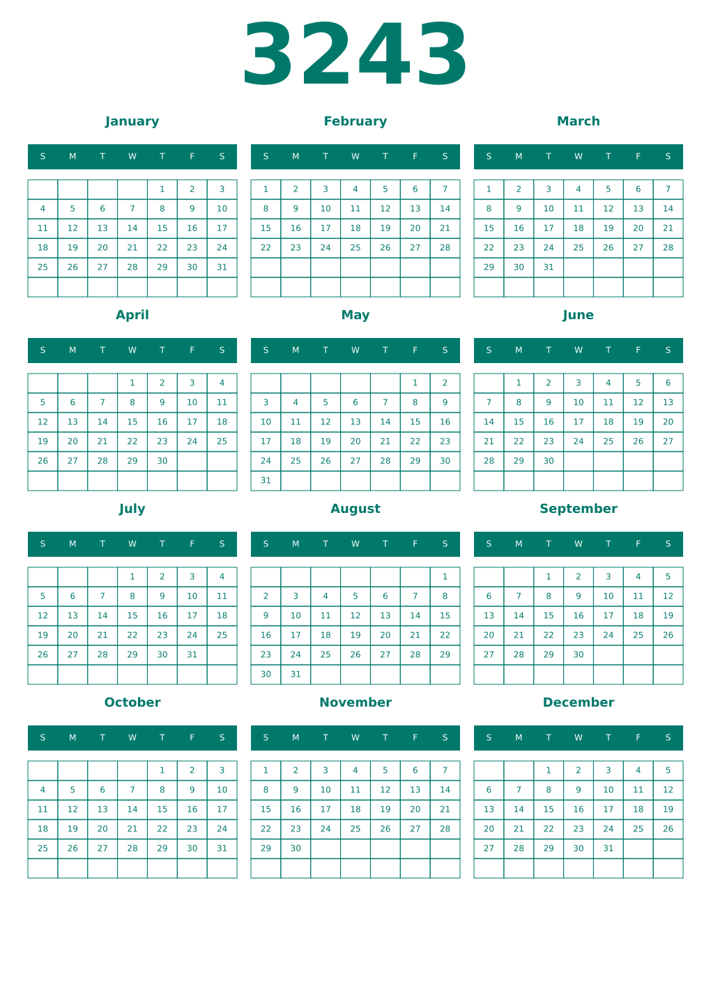 Printable 3243 Year Calendars pastel
