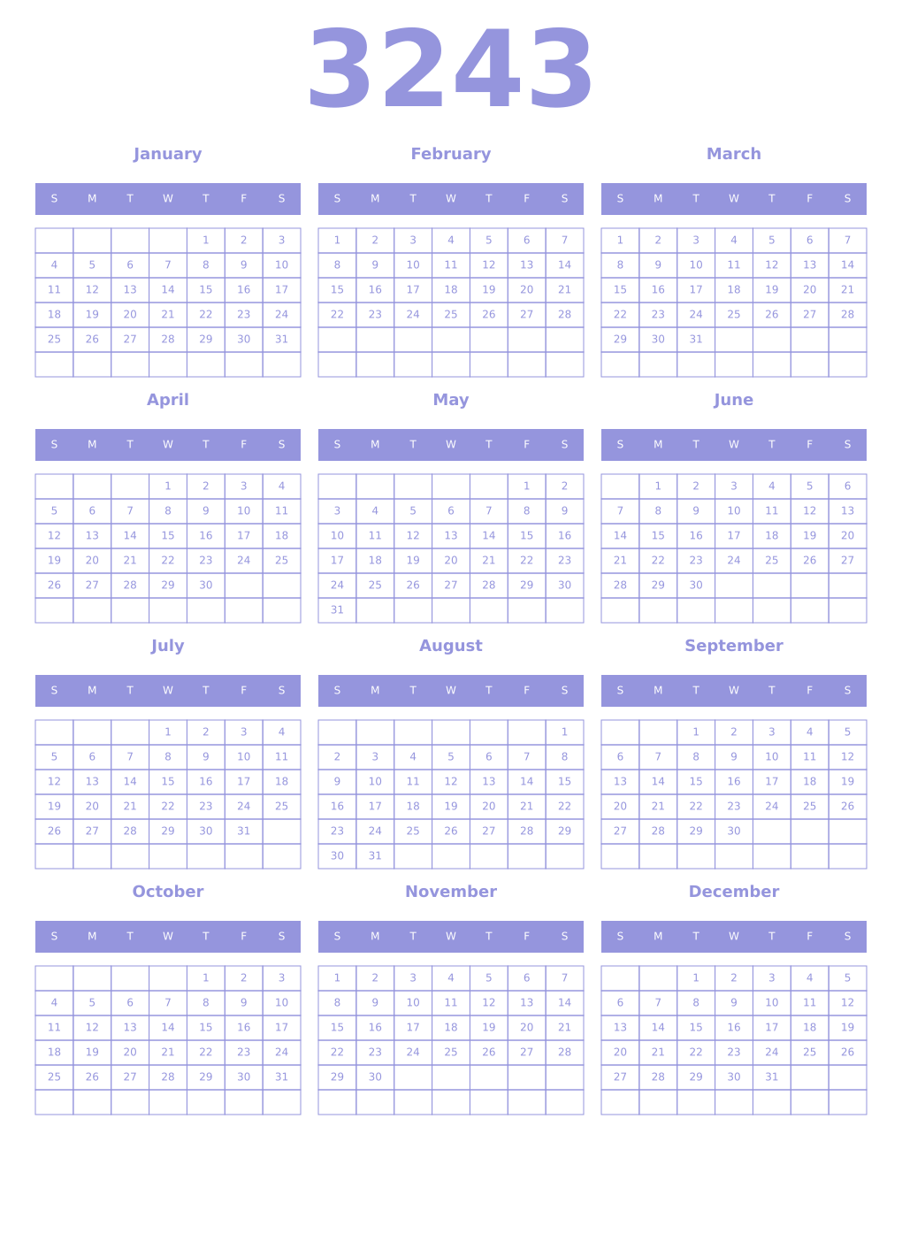 Printable 3243 Year Calendars periwinkle