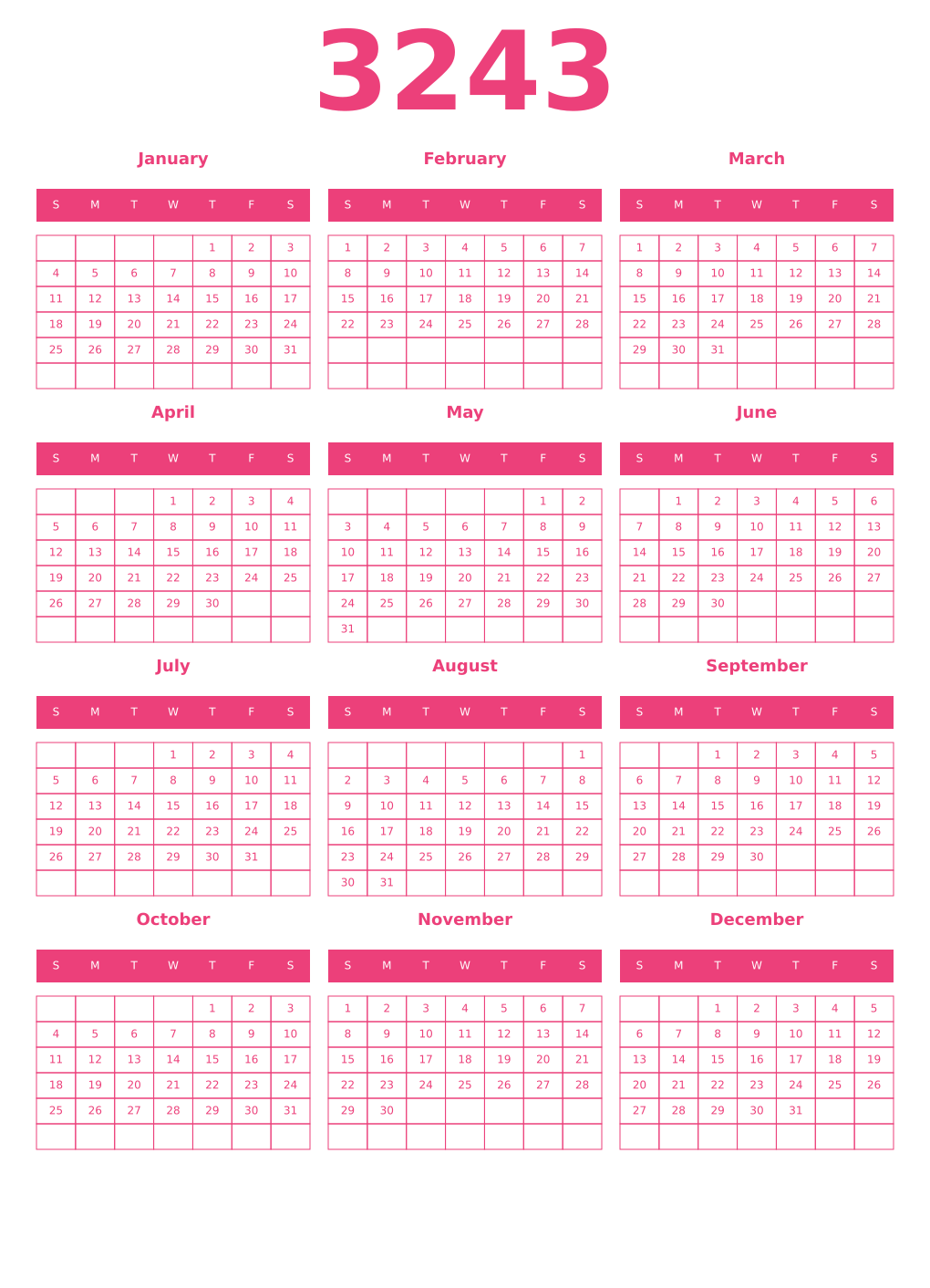 Printable 3243 Year Calendars pink