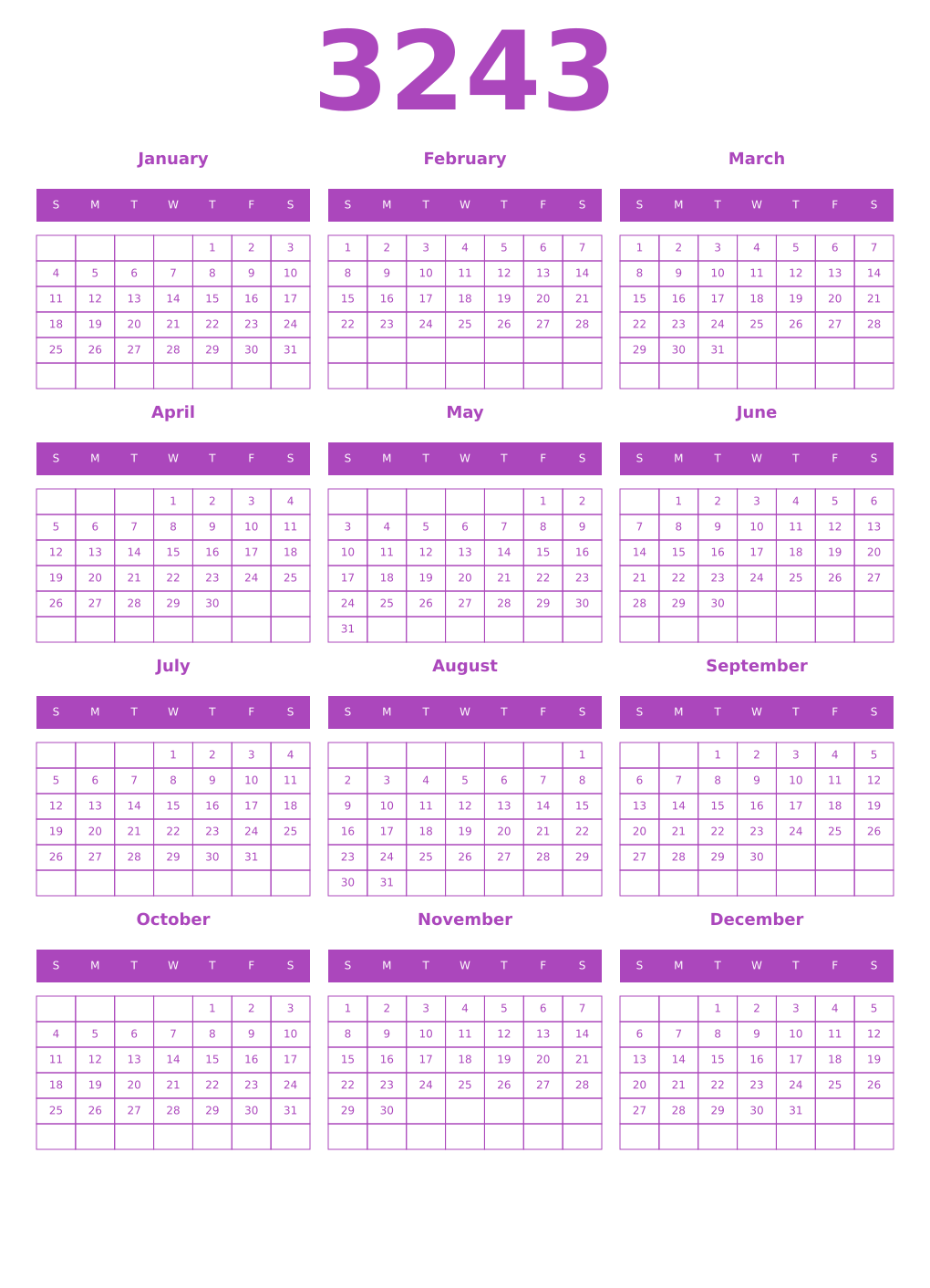 Printable 3243 Year Calendars purple