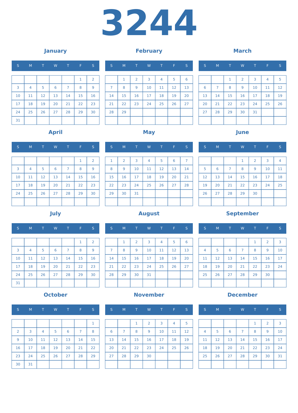 Printable 3244 Year Calendars blue