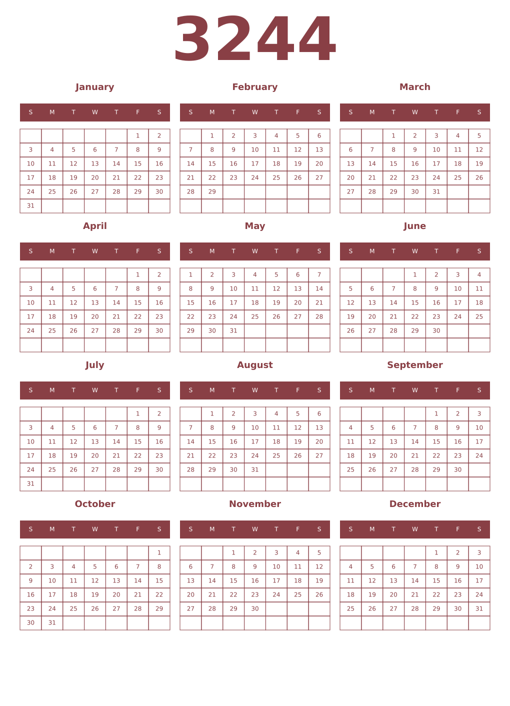 Printable 3244 Year Calendars cordovan