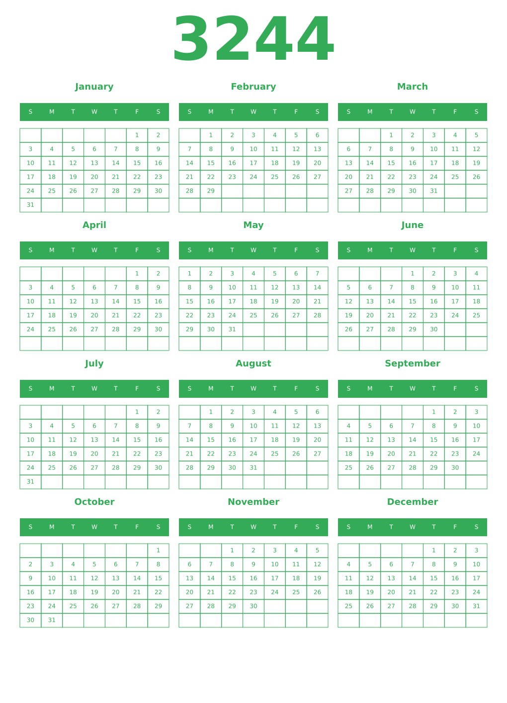 Printable 3244 Year Calendars green
