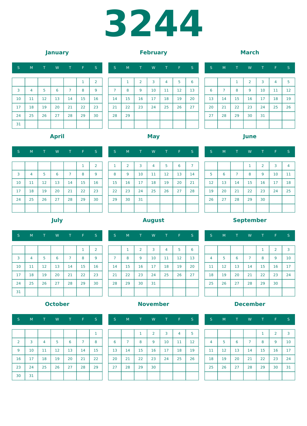Printable 3244 Year Calendars pastel