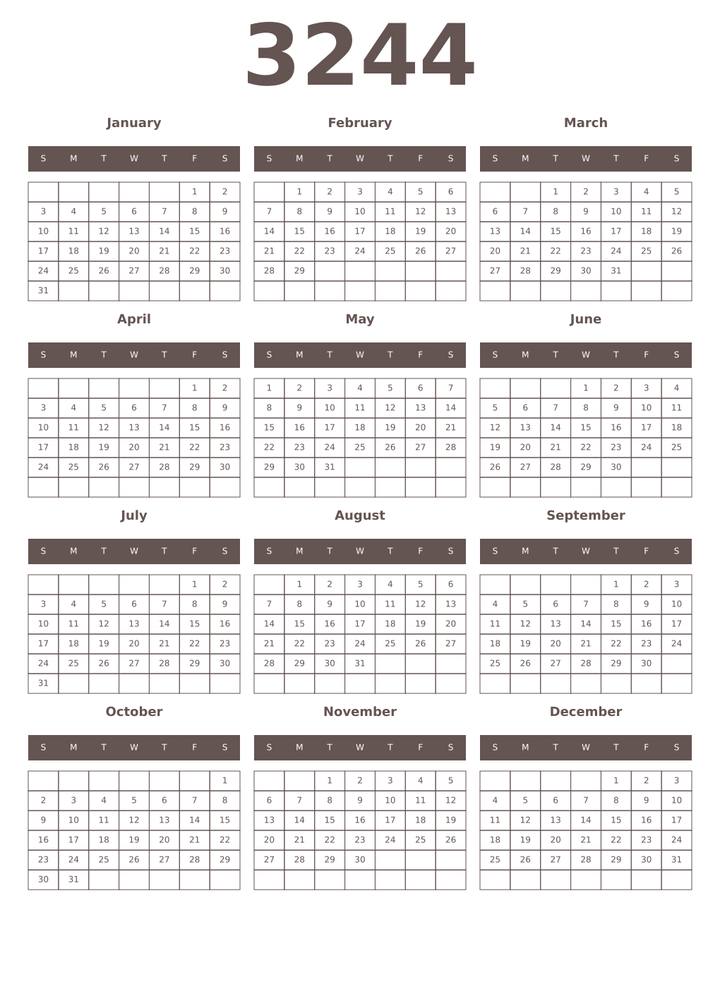 Printable 3244 Year Calendars wenge