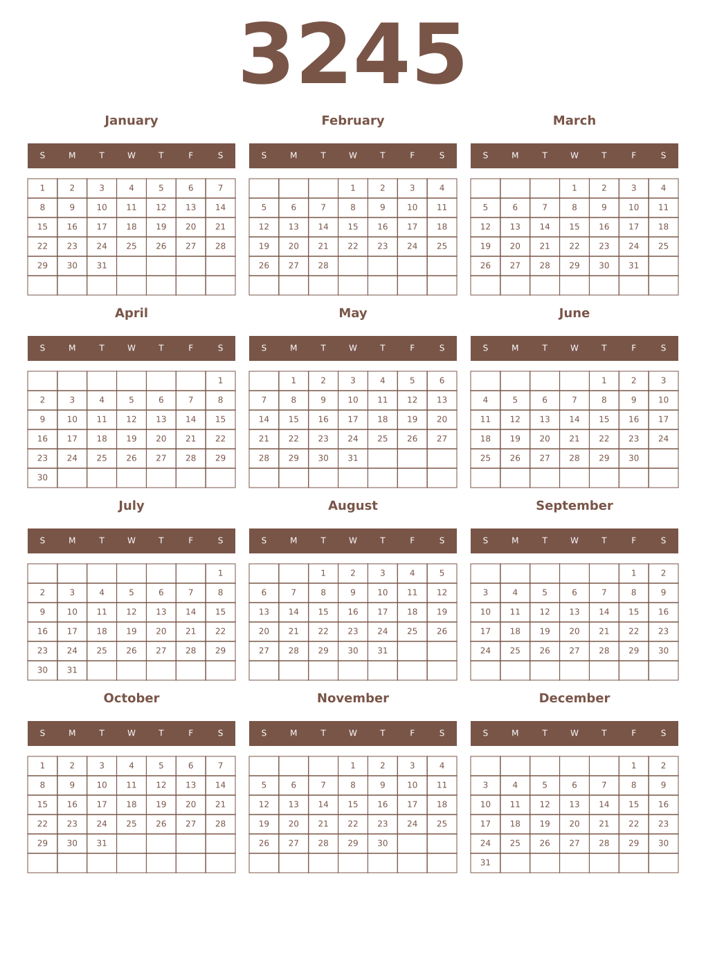 Printable 3245 Year Calendars coffe
