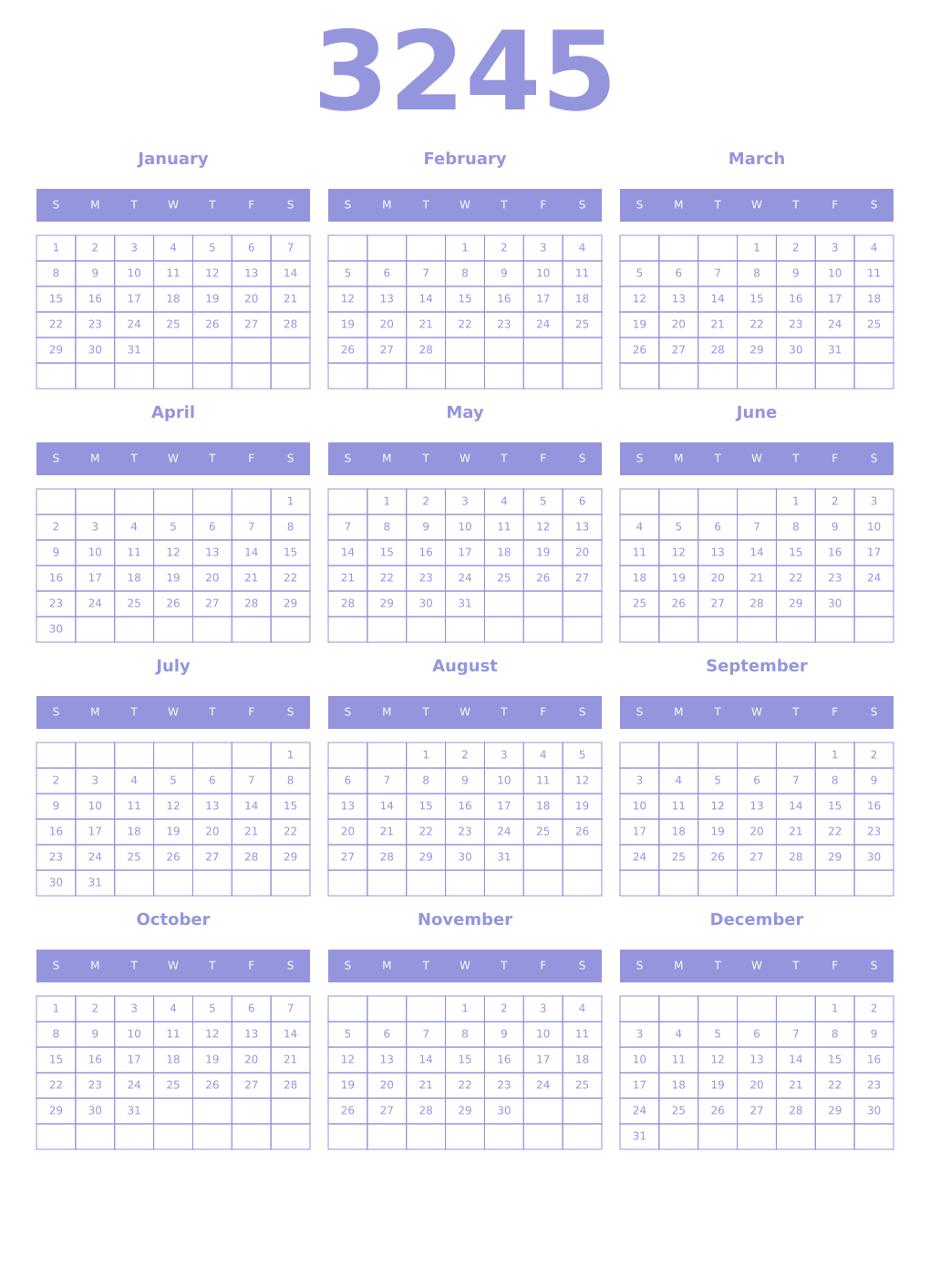 Printable 3245 Year Calendars periwinkle