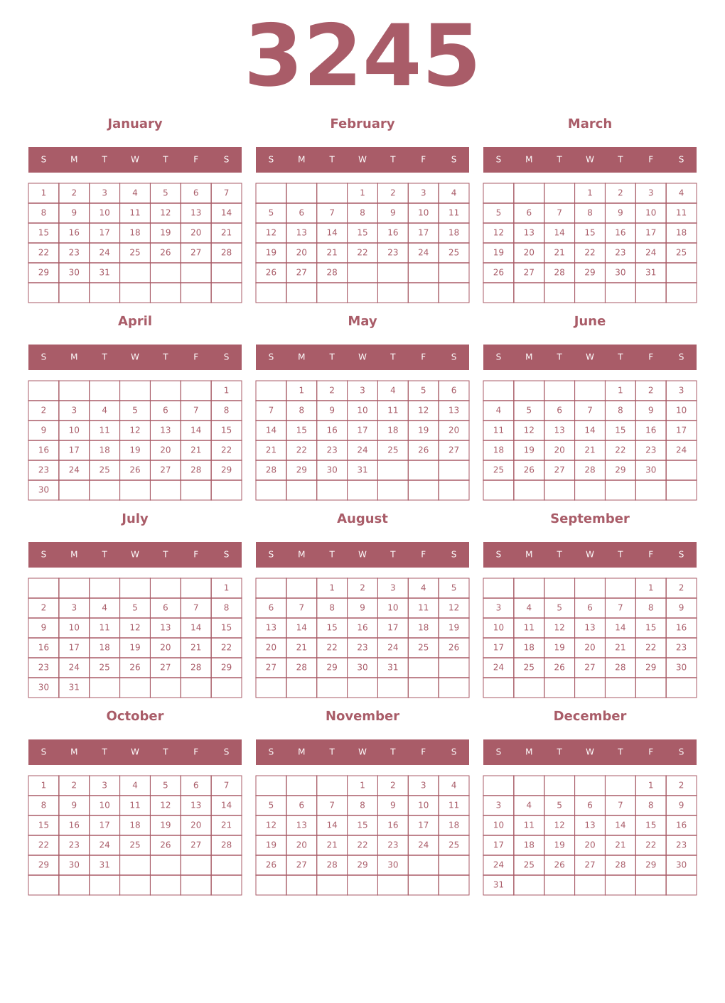 Printable 3245 Year Calendars puce