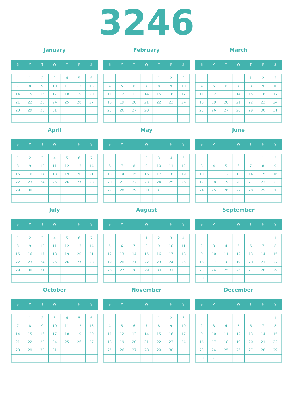 Printable 3246 Year Calendars verdigris