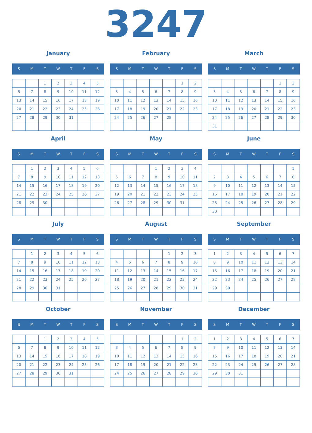 Printable 3247 Year Calendars blue