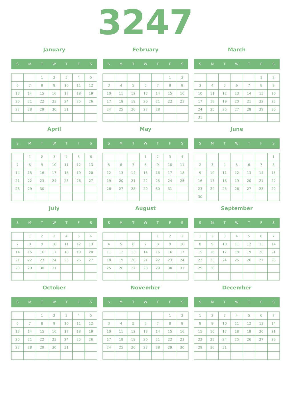 Printable 3247 Year Calendars celadon