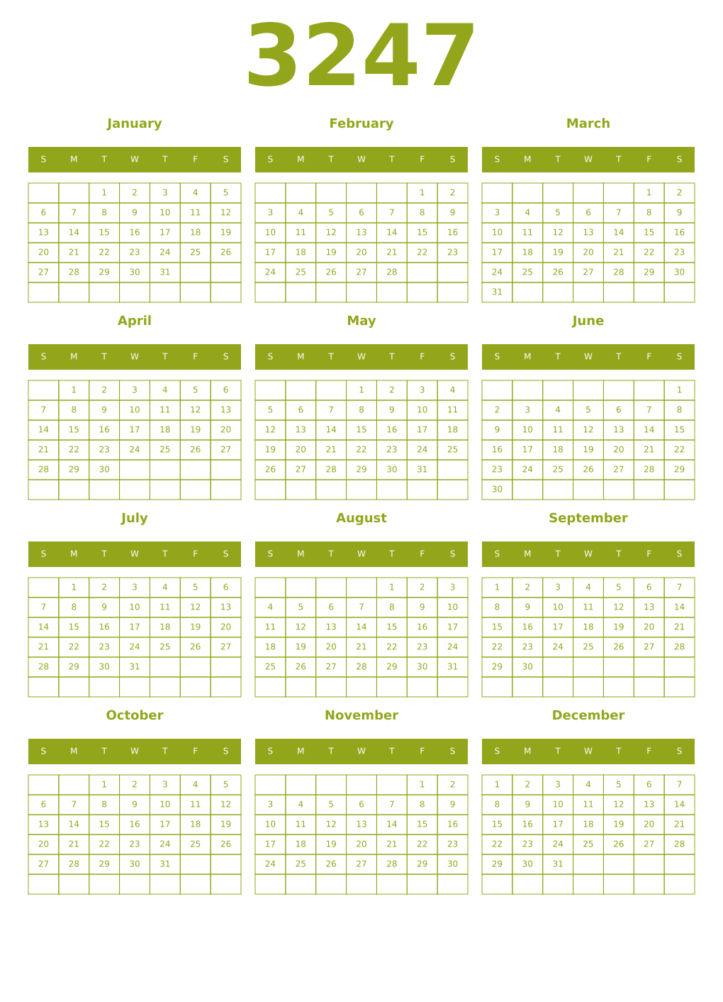 Printable 3247 Year Calendars chartreuse