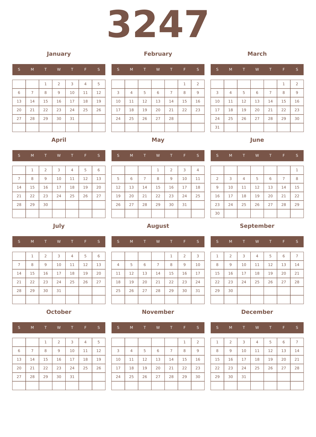 Printable 3247 Year Calendars coffe