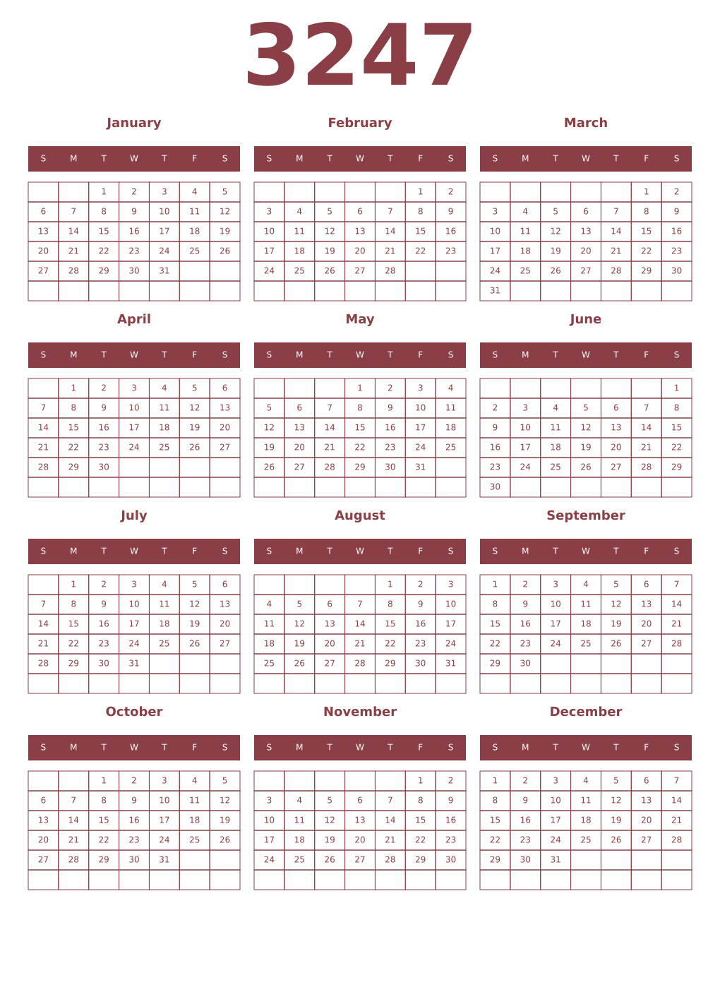 Printable 3247 Year Calendars cordovan