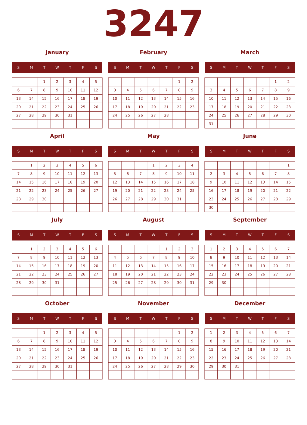 Printable 3247 Year Calendars falu