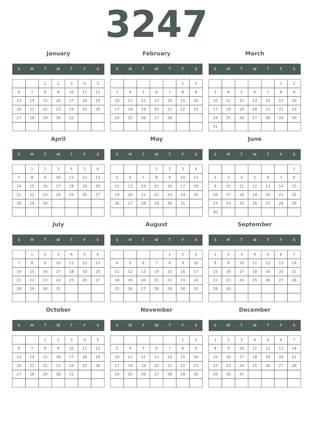 Printable 3247 Year Calendars feldgrau