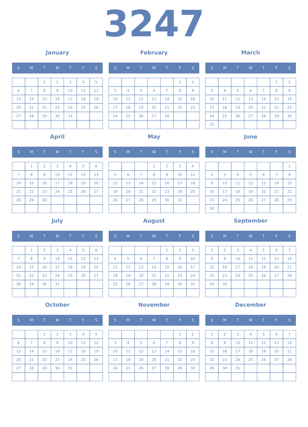 Printable 3247 Year Calendars glaucous
