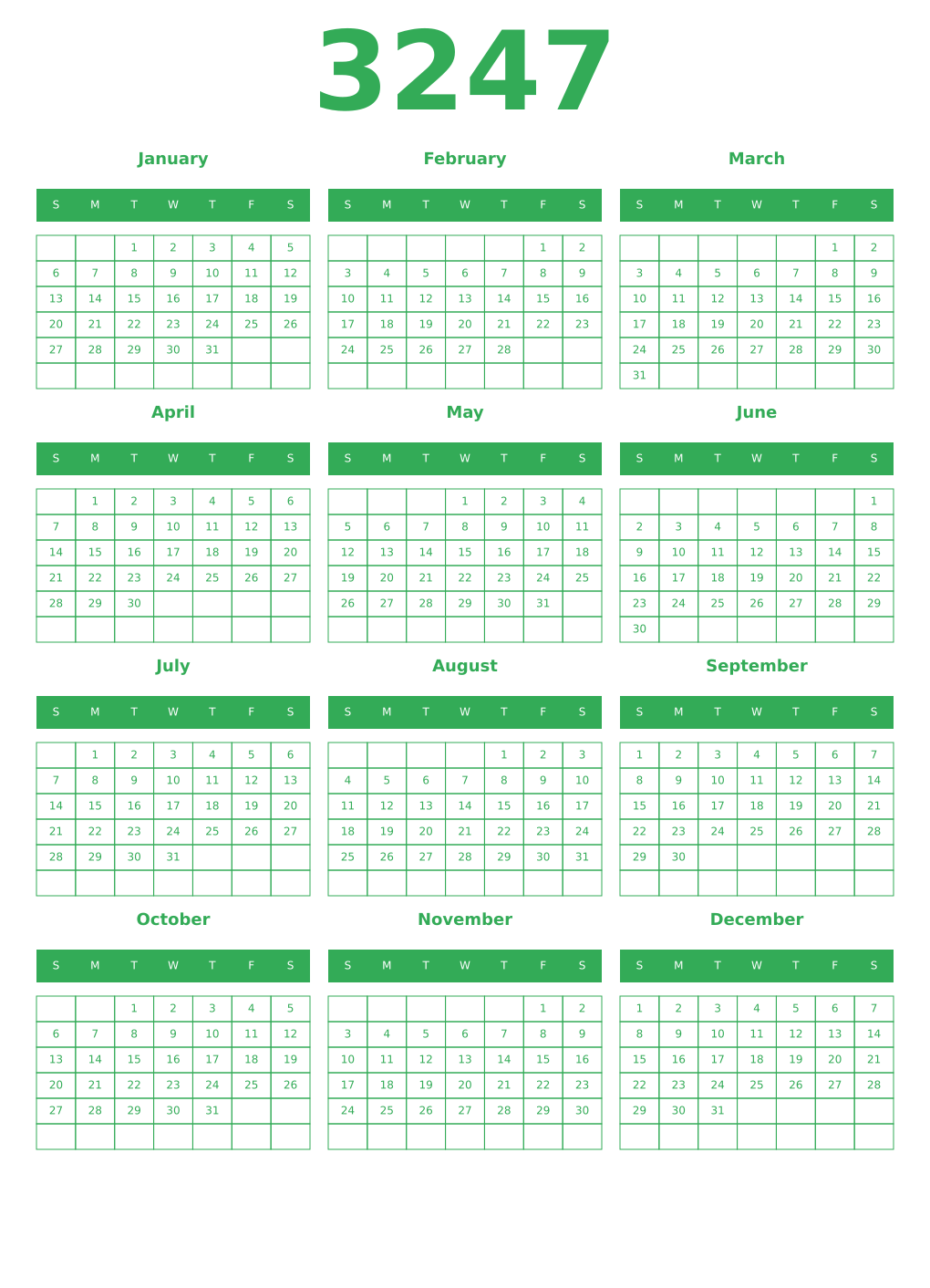 Printable 3247 Year Calendars green