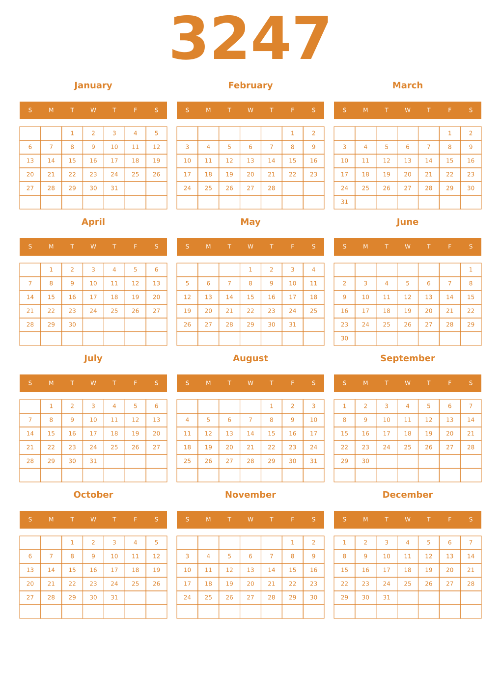 Printable 3247 Year Calendars orange