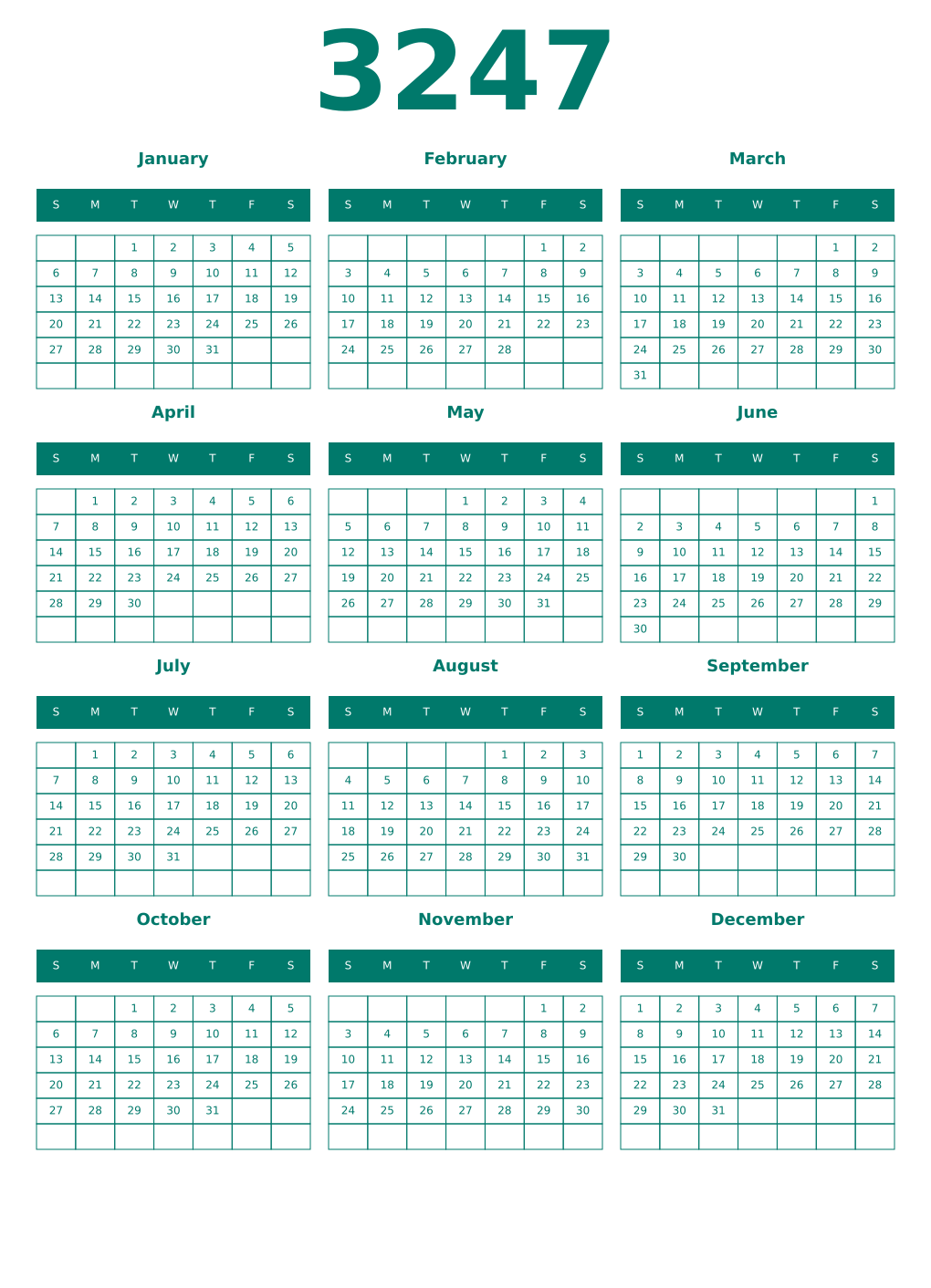 Printable 3247 Year Calendars pastel