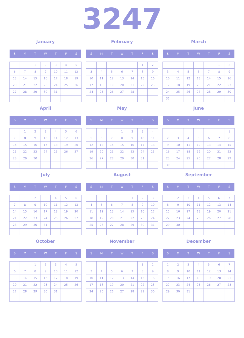 Printable 3247 Year Calendars periwinkle