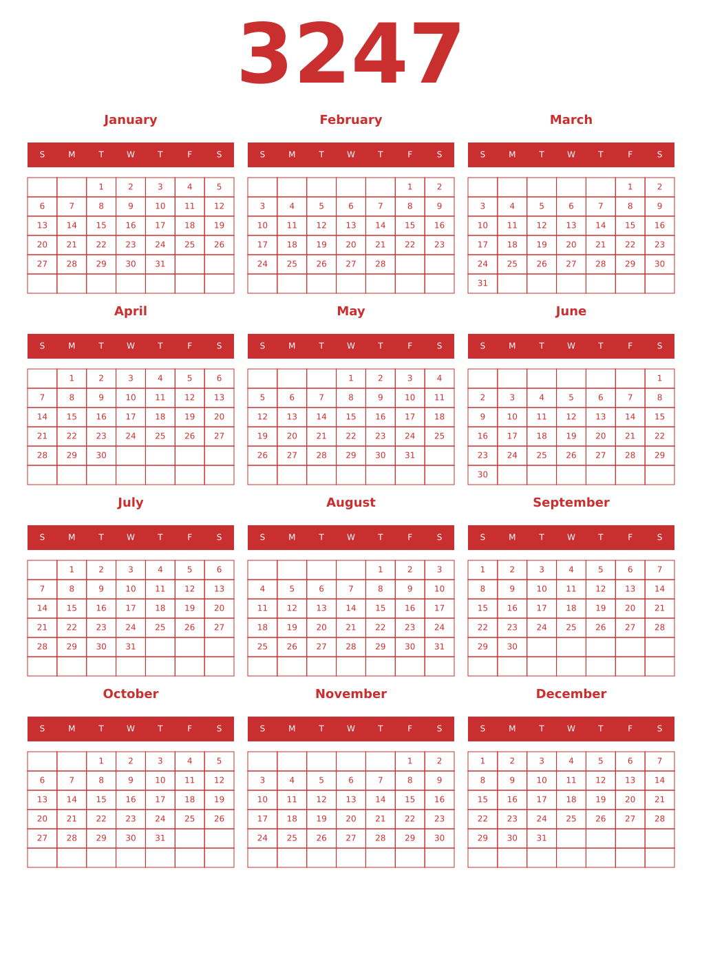 Printable 3247 Year Calendars red
