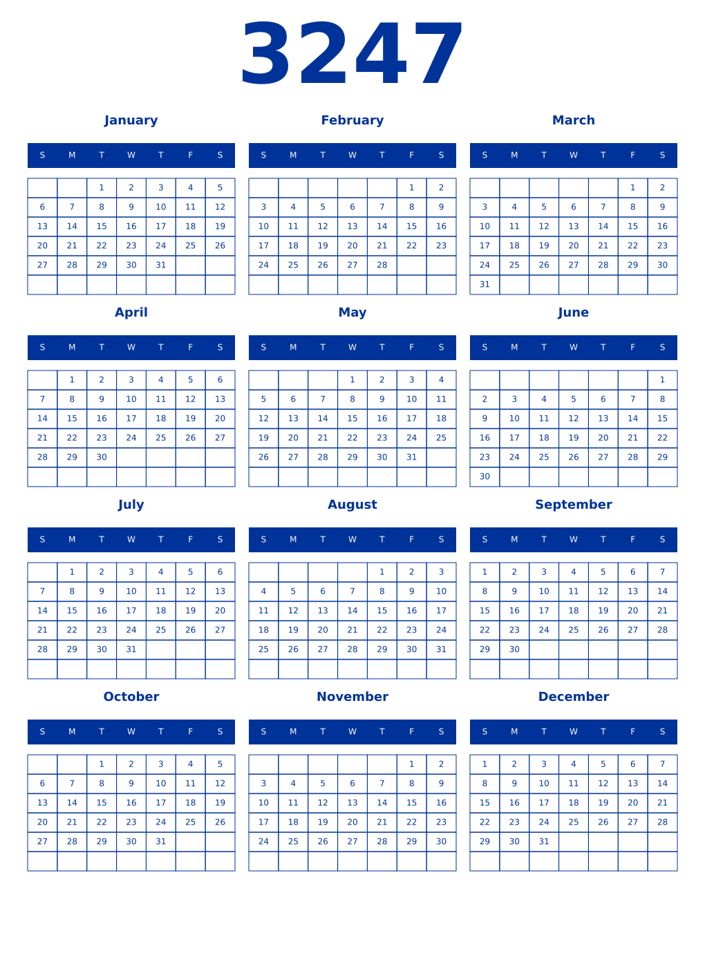 Printable 3247 Year Calendars smalt