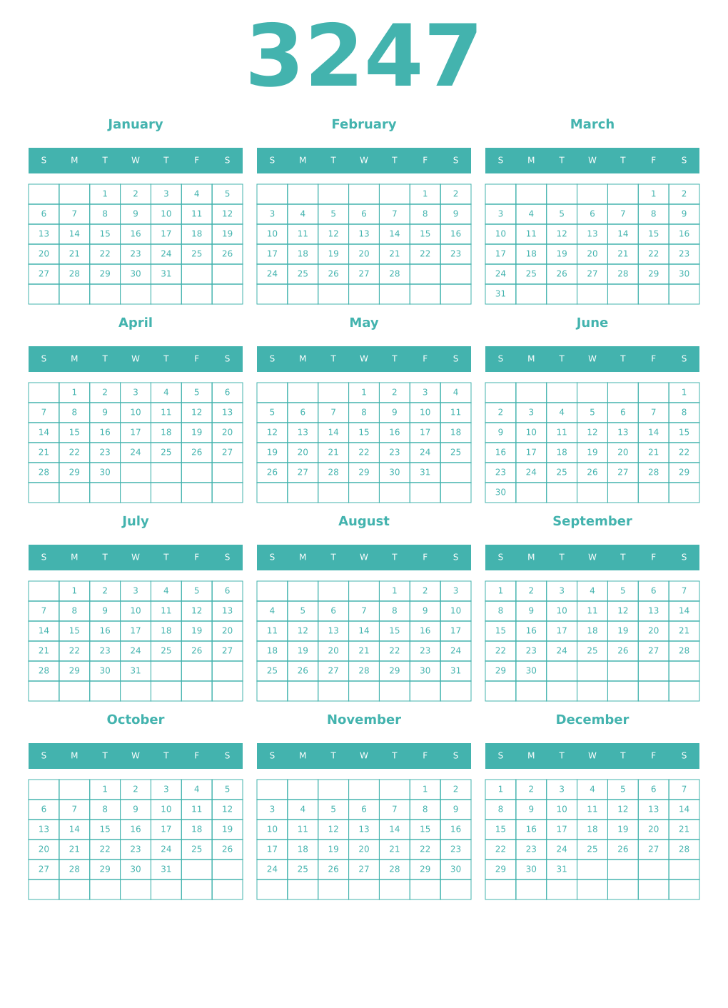 Printable 3247 Year Calendars verdigris