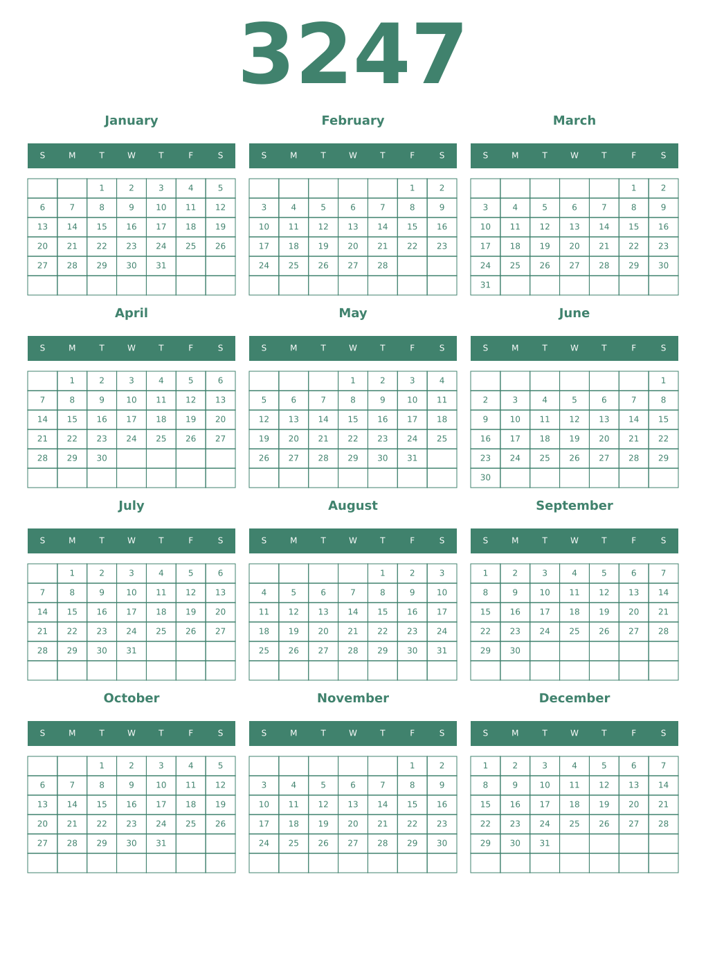 Printable 3247 Year Calendars viridian