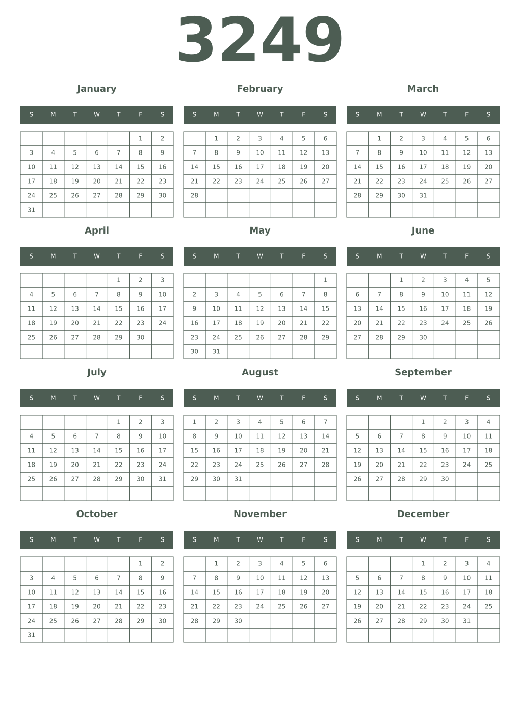 Printable 3249 Year Calendars feldgrau