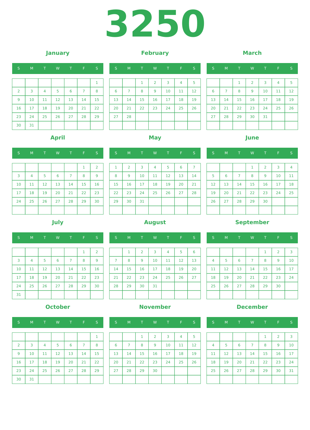Printable 3250 Year Calendars green